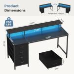 DUMOS Computer Desk with 4 Drawers,4 Drawer Gaming Desk with Power Outlets and LED Lights,Office Desk for Small Spaces with Monitor Shelf,Writing Desk for Home Office, Bedroom,Study 39 Inch Black