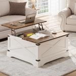 BROTTAR Lift Top Coffee Table with Storage, Square Coffee Table for Living Room with Charging Ports, Farmhouse Dining Table with Large Hidden Storage, White, 31.5"