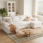 112 Inch U Shaped Sectional Couches for Living Room | Modern Cloud Couch with Double Chaise | 4 Seater Corduroy Sofa for Apartment | Warm White