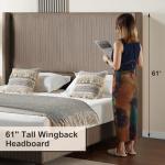 HOWE King Size Bed Frame with 61.4" Extra Tall Headboard, Corduroy Upholstered Bed with Vertical Wingback Headboard, No Box Spring Needed/Noise Free/Solid Wood Slats & Legs/Brown