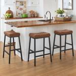 Compsia Counter Height Bar Stools Set of 3, Barstools with Thick PU Leather Saddle Seat & Black Metal Legs, 24 Inches Kitchen Counter Stools, Brown