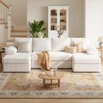 112 Inch U Shaped Sectional Couches for Living Room | Modern Cloud Couch with Double Chaise | 4 Seater Corduroy Sofa for Apartment | Warm White