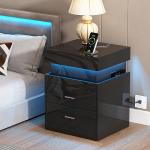 ChooChoo LED Nightstand with Charging Station,Smart Night Stand with Sliding Top Storage, 2-Drawers High Gloss Bedside Table, Modern End Table for Bedroom,Black