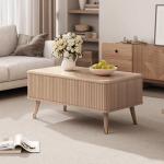 Vanvuson Lift Top Coffee Table with Storage, Mid Century Modern Coffee Table with Solid Wood Legs, 38" Minimalist Fluted Center Table for Living Room, Home Office, Natural Oak