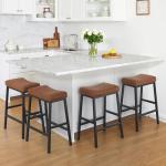 Compsia Counter Height Bar Stools Set of 3, Barstools with Thick PU Leather Saddle Seat & Black Metal Legs, 24 Inches Kitchen Counter Stools, Brown