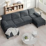 Shintenchi U-Shaped Sectional Couches for Living Room, 4 Seat Sofa with Double Chaise Lounges,Solid Wood Frame Sectional Sofa for Apartment,Dark Grey