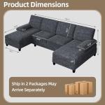 Shintenchi U-Shaped Sectional Couches for Living Room, 4 Seat Sofa with Double Chaise Lounges,Solid Wood Frame Sectional Sofa for Apartment,Dark Grey