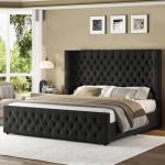 Jocisland King Size Platform Bed Frame, 6.3" Thick Upholstered Curved Wingback Headboard and Footboard with Deep Button Tufted, Easy Assembly, No Box Spring Needed, Black Velvet