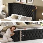 Jocisland King Size Platform Bed Frame, 6.3" Thick Upholstered Curved Wingback Headboard and Footboard with Deep Button Tufted, Easy Assembly, No Box Spring Needed, Black Velvet