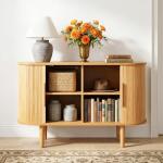 FRALIMK 47" Sideboard Buffet Cabinet with Storage, Mid Century Modern Storage Cabinet with Built-in Outlet & Sliding Doors, Coffee Bar Console Table for Kitchen，Dining Room & Entryway, Natural Oak