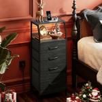 WLIVE Nightstand with Charging Station, Black Night Stand with LED Light, Tall 4 Drawer Dresser for Bedroom, 37" H Bedside Table with Fabric Storage Bins, Open Wood Shelf, Metal Frame