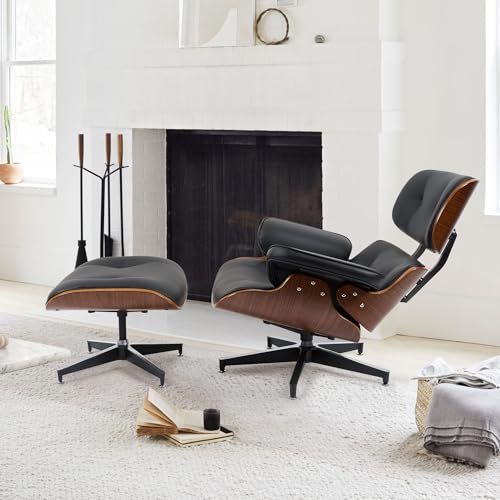 Mid Century Leather Lounge Chair with Ottoman