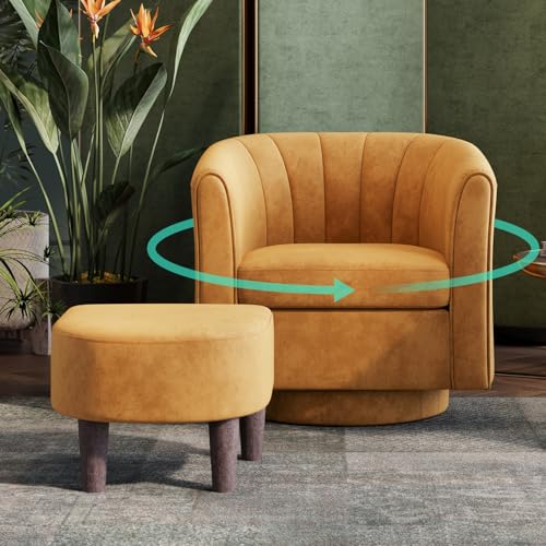 LINSY Yellow Velvet Swivel Accent Chair with Ottoman
