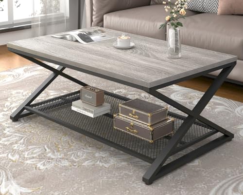 Gray Farmhouse 2-Tier Coffee Table with Storage