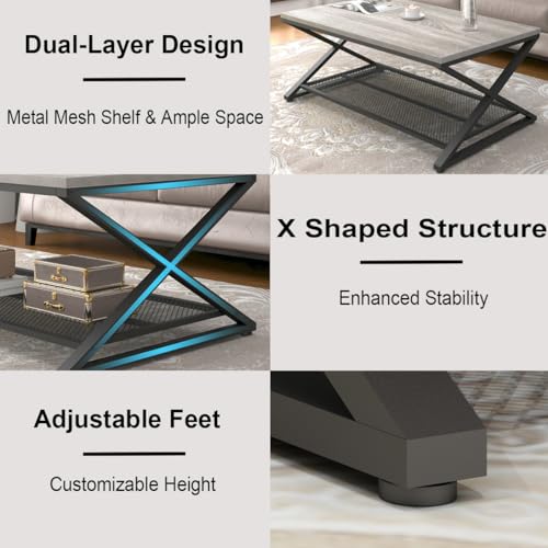 Gray Farmhouse 2-Tier Coffee Table with Storage