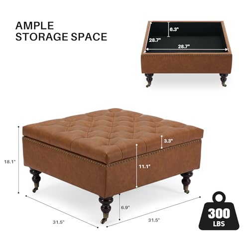 Large Square Tufted Storage Ottoman with Wheels