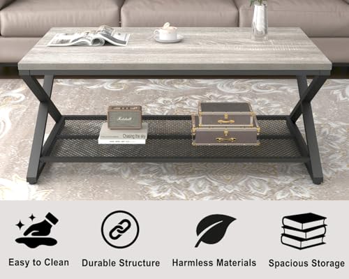 Gray Farmhouse 2-Tier Coffee Table with Storage