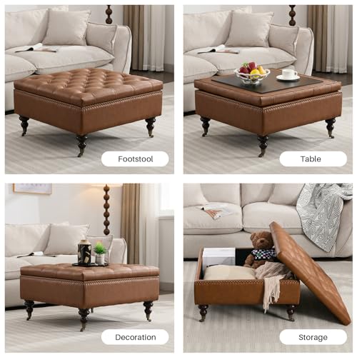 Large Square Tufted Storage Ottoman with Wheels