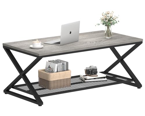 Gray Farmhouse 2-Tier Coffee Table with Storage