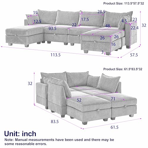 Oversized Grey L/U-Shaped Modular Sectional Sofa