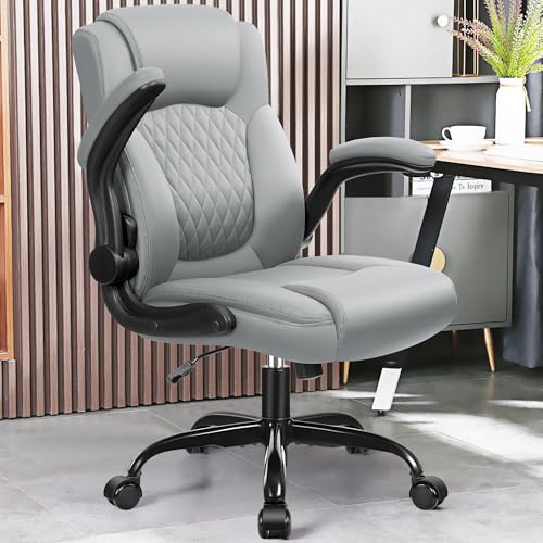 Ergonomic Gray Leather Office Chair with Wheels