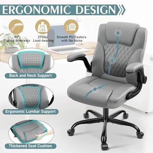 Ergonomic Gray Leather Office Chair with Wheels