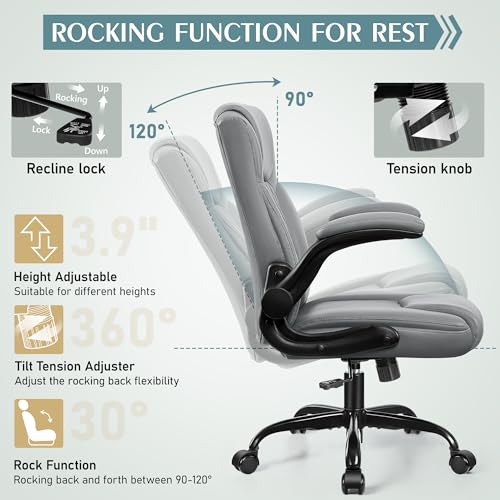 Ergonomic Gray Leather Office Chair with Wheels
