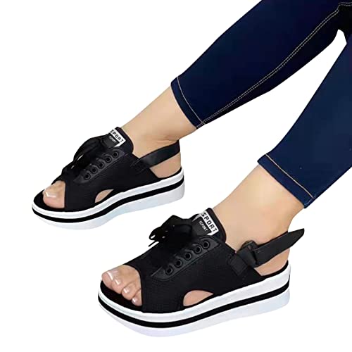 Breathable Lace-Up Wedge Sandals in Black (Size 9)