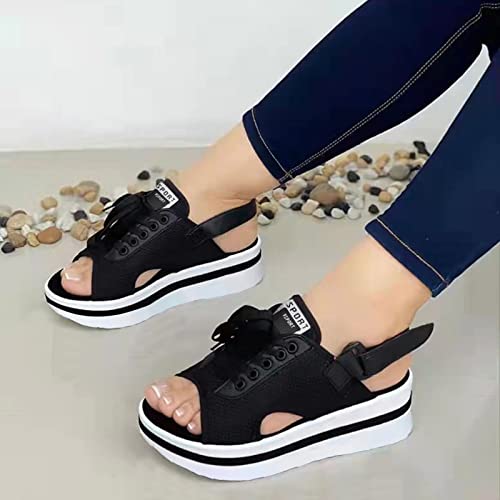 Breathable Lace-Up Wedge Sandals in Black (Size 9)