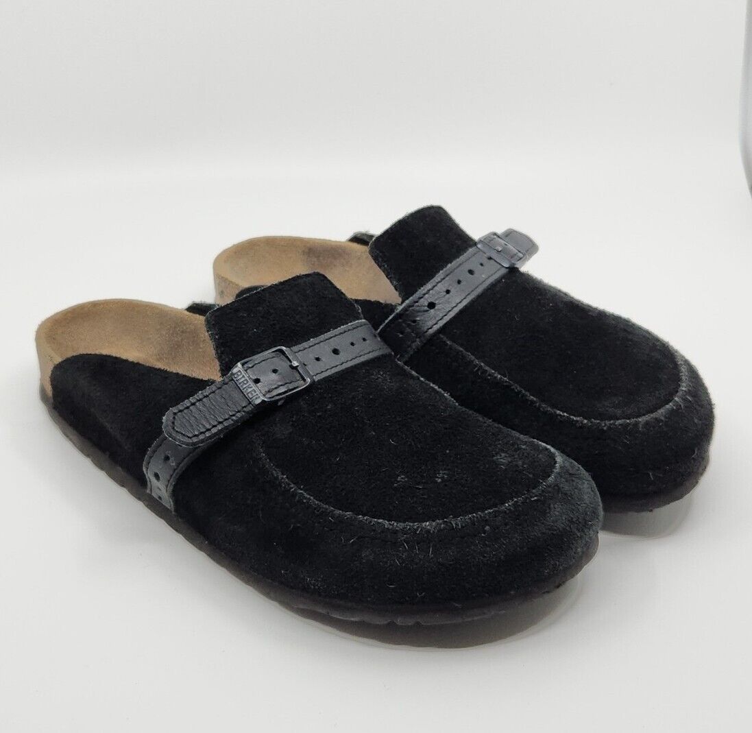 Women's Black Suede Birkenstock Eaton Clogs, Size 8M