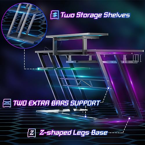 L-Shaped Gaming Desk with Shelves and LED Lights