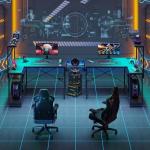 Bestier 42 L Gaming Desk,Computer Desk with Power Outlets, LED Lights, Reversible Corner Desk with 4-Tier Shelves,Cup Holder & Hook Carbon Fiber Black