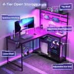 Bestier 42 L Gaming Desk,Computer Desk with Power Outlets, LED Lights, Reversible Corner Desk with 4-Tier Shelves,Cup Holder & Hook Carbon Fiber Black