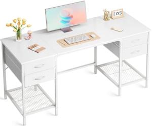 Huuger 55 Inch White Desk with 4 Drawers, Vanity Desk with Mesh Shelf for Makeup, Computer Desk for Home Office with Large Storage, Bedroom, Work from Home