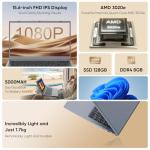 VIGSENUP Laptop,15.6'' Laptop Computer,8GB RAM LPDDR4 128GB SSD(Expandable to 1TB), AMD Athlon Processor Up to 2.6 GHz,WiFi 5,BT 5.0, Webcam, Poratable Student and Business Laptops