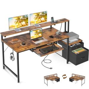 AODK 55" Computer Desk with Fabric File Cabinet and Drawer, Reversible Office Desk with Power Outlet and LED Light, Study Desk with Printer Stand, Keyboard Tray, Monitor Riser and PC Stand, Vintage