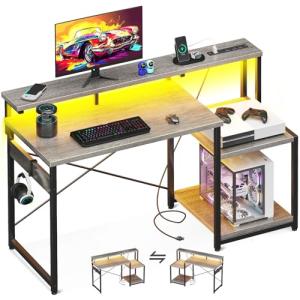 AODK Computer Desk, 48 Inch Gaming Desk with Led Lights & Power Outlet, Office Desk with Printer Storage Shelves, Reversible Desk with Monitor Shelf & Headphone Hook, Grey Oak