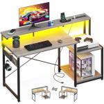 AODK Computer Desk, 48 Inch Gaming Desk with Led Lights & Power Outlet, Office Desk with Printer Storage Shelves, Reversible Desk with Monitor Shelf & Headphone Hook, Grey Oak
