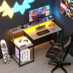 AODK Computer Desk, 48 Inch Gaming Desk with Led Lights & Power Outlet, Office Desk with Printer Storage Shelves, Reversible Desk with Monitor Shelf & Headphone Hook, Grey Oak