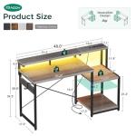 AODK Computer Desk, 48 Inch Gaming Desk with Led Lights & Power Outlet, Office Desk with Printer Storage Shelves, Reversible Desk with Monitor Shelf & Headphone Hook, Grey Oak