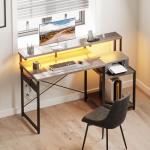 AODK Computer Desk, 48 Inch Gaming Desk with Led Lights & Power Outlet, Office Desk with Printer Storage Shelves, Reversible Desk with Monitor Shelf & Headphone Hook, Grey Oak