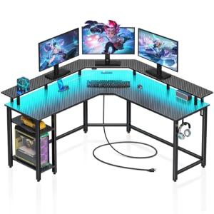 Rolanstar L Shaped Gaming Desk with LED Lights & Power Outlets, 53" Computer Desk with Full Monitor Stand & Storage Shelf, Corner Desk with Hooks, Carbon Fiber Desk Reversible