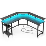 Rolanstar L Shaped Gaming Desk with LED Lights & Power Outlets, 53" Computer Desk with Full Monitor Stand & Storage Shelf, Corner Desk with Hooks, Carbon Fiber Desk Reversible