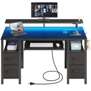 Seventable Computer Desk 47.2" with LED Lights & Power Outlets, Home Office Desk with 4 Drawers, Writing Desk with Keyboard Tray, Study Table with Monitor Stand, Work Desks for Home Office, Black