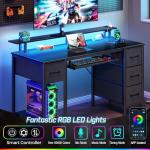 Seventable Computer Desk 47.2" with LED Lights & Power Outlets, Home Office Desk with 4 Drawers, Writing Desk with Keyboard Tray, Study Table with Monitor Stand, Work Desks for Home Office, Black