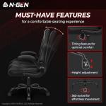N-GEN Video Gaming Chair Ergonomic Computer Desk Office Chair with Lumbar Support Adjustable Height Swivel Wheels Flip-Up Arms PU Leather Home and Office (Black)
