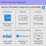 HP 23.8 inch All-in-One Desktop PC, FHD Display, Intel Core i5-1334U, 16 GB RAM, 512 GB SSD, Intel UHD Graphics, Windows 11 Home, Shell White, 24-cr0112 (2025)
