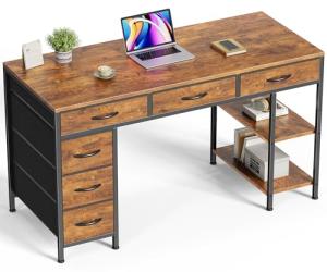 Huuger Computer Desk with 6 Drawers, 47 Inch Office Desk with Shelves, Reversible Gaming Desk, Corner Desk with Storage, Work for Home Office, Study, Living Room, Rustic Brown