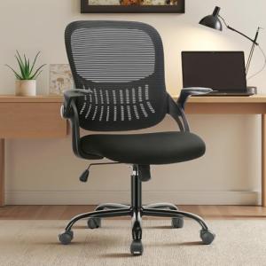 Sweetcrispy Ergonomic Office Desk Chair Mesh Adjustable Swivel Mid-Back Computer Chair with Lumbar Support Comfy Flip-up Arms for Home Office