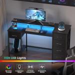 Korfile 47 Inch Computer Desk with 5 Fabric Storage Drawers,Gaming Desk with Power Outlets & LED Lights,Reversible Home Office Desk with Monitor Stand for Working Writing Study, Black